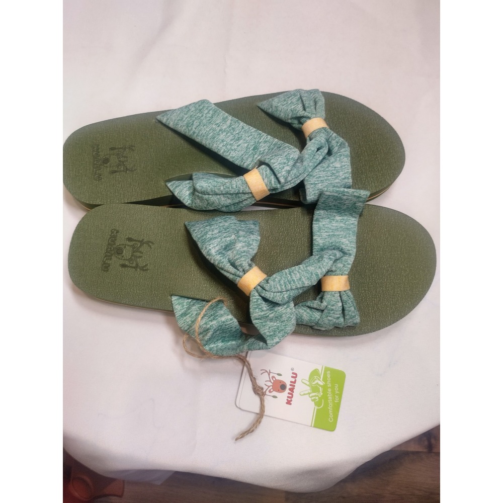 Kuailu Yoga Mat Flip Flops Womens 10 Sage Green Teal Fabric Knot Strap Sandals - Picture 4 of 6
